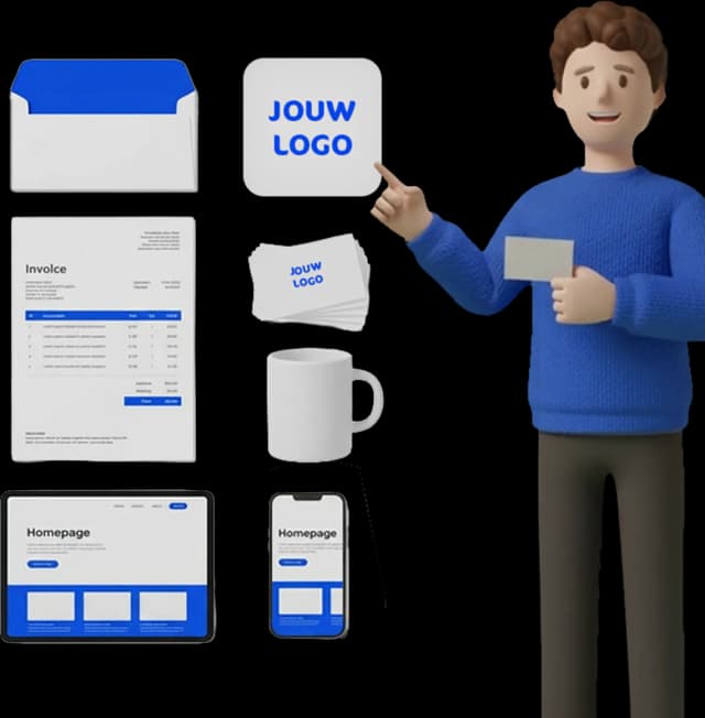 Diverse huisstijlmaterialen met blauw logo presentatie