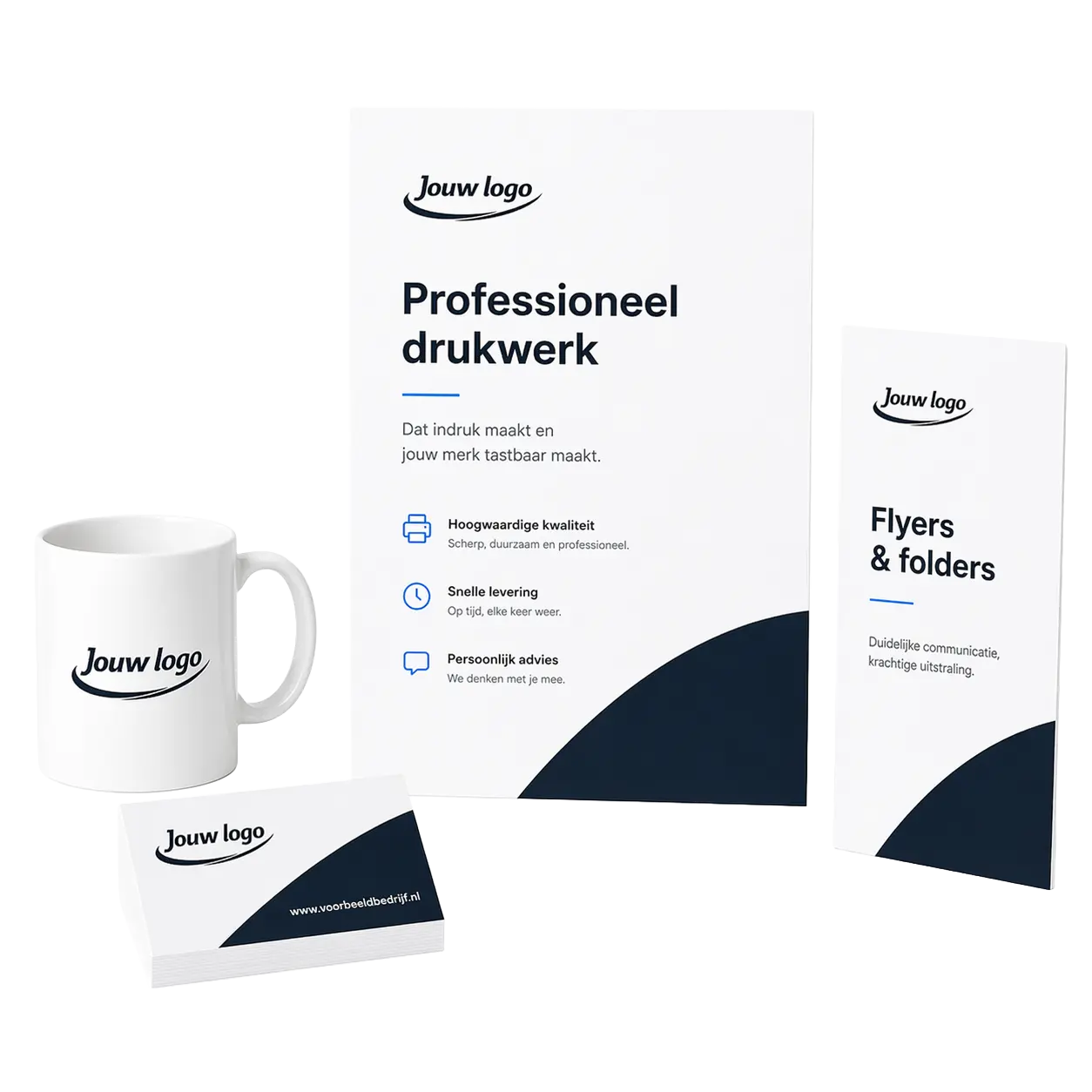 Mockup van professioneel drukwerk met brochure, mok en visitekaartje